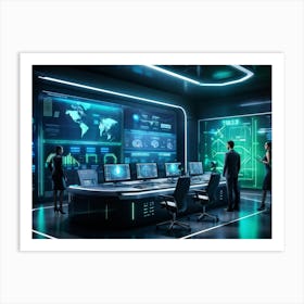 Cyber Intelligence Technology Interfacing With Modern Business Operations Robots Analyzing Data Ho (3) Art Print