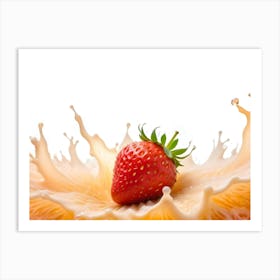 A Vibrant Image Of A Strawberry Submerged In A Creamy, Orange Splash, Creating A Dynamic And Delicious Scene Art Print