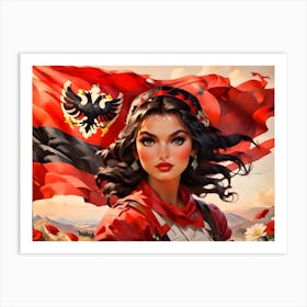 Woman Holding An Albanian Flag Art Print