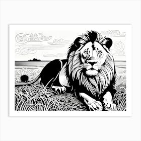 Lion Linocut Sketch Black And White art, animal art, 169 Art Print