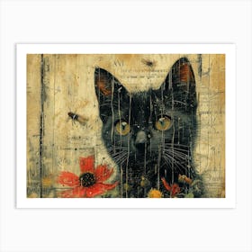 The Rebuff: Ornate Illusion in Contemporary Collage. Black Cat With Flowers Art Print