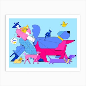 Dog Sitting Blue & Pink Art Print