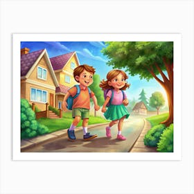 Children Walking To School Holding Hands Art Print