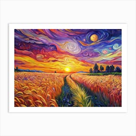 Van Gogh A Sunset Over A Wheatfield With Orange An Art Print