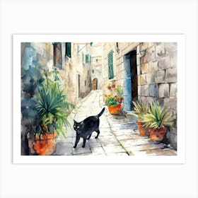 Dubrovnik, Croatia   Cat In Street Art Watercolour Painting 4 Art Print