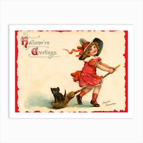 Little Girl With A Broom And A Black Cat Behind Art Print