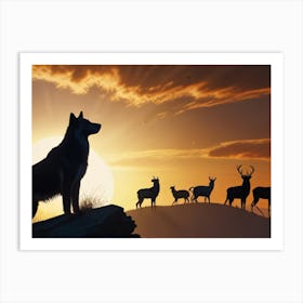 Sunset With Deer Art Print