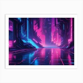 An Illustration Of A Futuristic City Alleyway With Glowing Pink And Blue Neon Lights Art Print