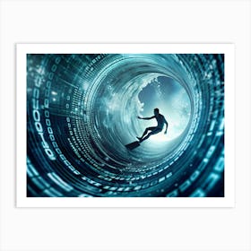 A Surfer Riding A Wave Inside A Digital Tunnel Formed By Binary Code And Glowing Particles Art Print