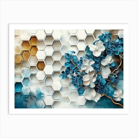 Blue Flowers on Hexagons Art Print