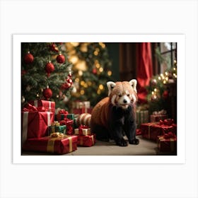 Red Panda In Front Of Christmas Tree Art Print