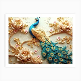 3d Peacock With Golden Jewelry And Flowers Art Print