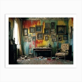 Interior Of A Vintage Horror Inspired Room With Rainbow Hued Aged Grunge Wallpaper Peeling Away To Art Print