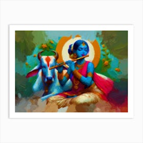 Divine Melody: Radha's Flute and Her Cow's Serene Harmony Art Print