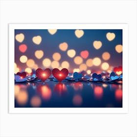 Abstract Image Of A Row Of Hearts With A Glowing Center Against A Blurred Background Of Colorful Heart Shaped Lights Art Print