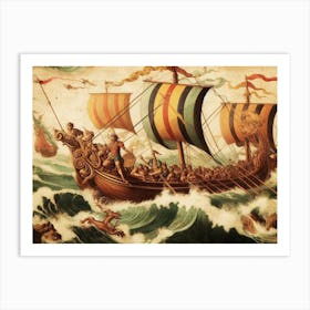 Viking Ship In Rough Seas vintage art Art Print