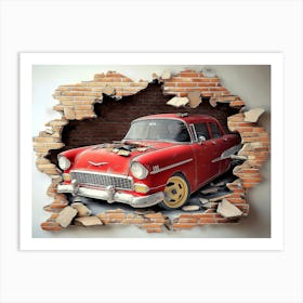 Colorful 3d Art With Broken Brick Wall, Classic Red Car Art Print