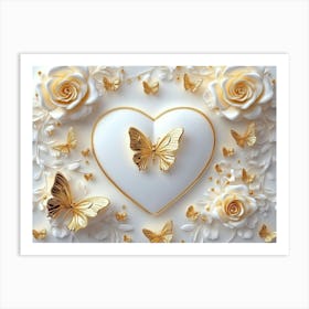 3d Art With White Background And Gold Roses, Butterflies with Heart Shape Art Print