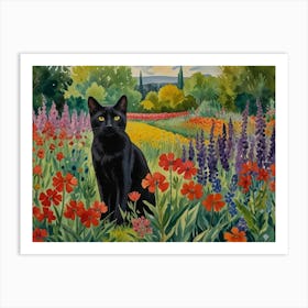 Black Cat In A Flower Field Art Print