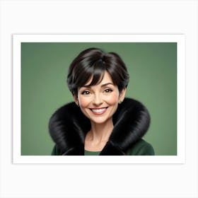 Portrait Of A Smiling Woman With Short Dark Hair And A Black Fur Collar On A Green Background Art Print