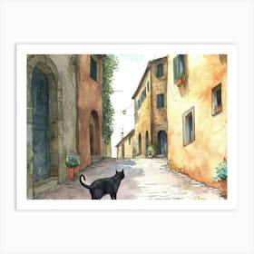 Black Cat In Ascoli Piceno, Italy, Street Art Watercolour Painting 1 Art Print