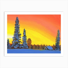 Winter Sunset In The Village Art Print