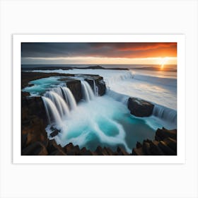 Waterfall At Sunset - Ai Art Print