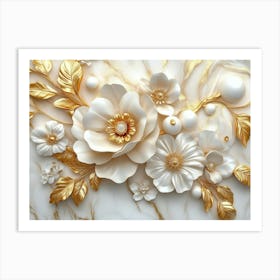 3d Floral Elegance Seamless Gold And White Ceramic Marble Texture Art Print