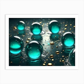 Several Teal Spheres Rest On A Reflective Surface With Smaller Gold Spheres And Droplets Scattered Around, Creating A Luxurious And Scientific Feel Art Print