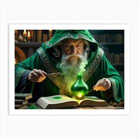 Green old wizard, conjuring, experimenting, alchemy, doing magic Art Print