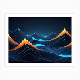 An Abstract Digital Art Piece Of A Landscape With Geometric, Wireframe Like Mountains In Shades Of Blue And Orange Against A Dark Background Art Print