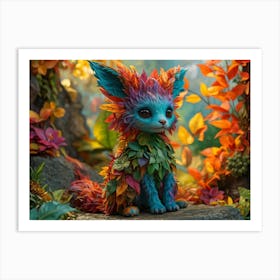 Whimsical Creature With Vibrant Foliage In Its Fur Playfully Nestled Among Surreal Colorful Leaves Art Print