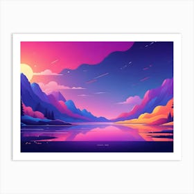 A Vibrant, Colorful Landscape With A Lake, Mountains, And Trees Rendered In A Graphic Style Art Print