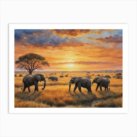 Savannah Symphony: Life in Harmon Elephants At Sunset Art Print