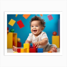 Baby Smiling Engaging With Vibrant Blocks Of Primary Colors Soft Focus Background Enhancing The Ch (2) Art Print