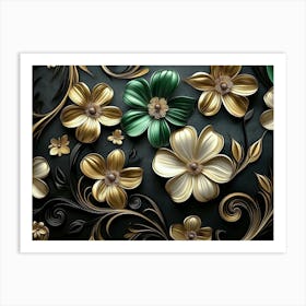 Luxury Floral Seamless with Flowers Elegant Leather Texture Illustration Background in Golden, Green, White Art Print