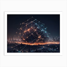 Abstract Image Of A Cityscape At Night With A Glowing, Geometric Structure Resembling A Protective Dome Or Shield, Symbolizing Technological Advancement And Urban Safety Art Print