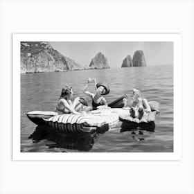Eating Pasta on a Lake, Three Women On Raft, Funny Black and White Vintage Photo Art Print