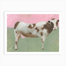 Cow On Olive Green And Pink - farm animal white brown cow hand painted Art Print