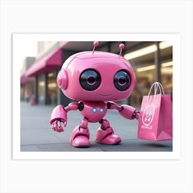 A Pink Robot With Big Eyes And A Friendly Expression, Holding A Pink Shopping Bag Art Print