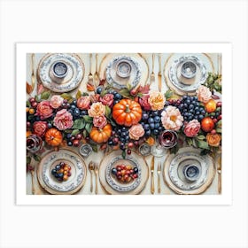 Thanksgiving Festtagstafel Malerei Mit Kürbise und Blumen Art Print