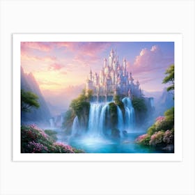 Dreamy Castle Adrift Among Floating Islands Pastel Hued Waterfalls Cascading Down The Sides Surrea Art Print