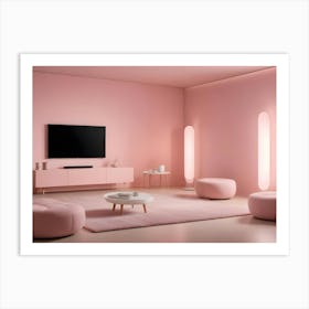 A Living Room Interior With A Pink Wall, A Tv, And Pink Furniture, Including A Sofa, Armchairs, And Ottomans Art Print