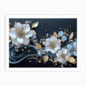 3D White Flowers on a Black Background Art Print