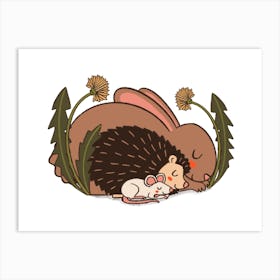 Rabbit Hedgehog Mouse Sleeping Between Dandelions Naptime Gang Art Print