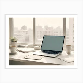 A Laptop With A Blank Screen, Two Coffee Cups, Notebooks, And A Plant, Situated On A Windowsill Overlooking A Cityscape Art Print