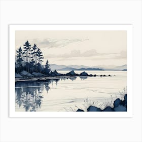 A Watercolor Painting Of A Serene Lake With Mountains In The Distance Art Print