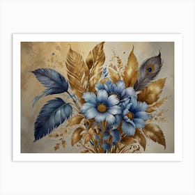 Blue Flowers With Feathers Art Print