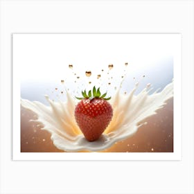 A Vibrant Image Of A Strawberry Submerged In A Creamy Splash With Golden Droplets, Creating A Dynamic And Delicious Scene Art Print