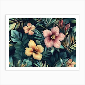 Tropical Seamless Pattern with Exotic Leaves, Strelitzia Flowers, Hibiscus and Plumeria Art Print